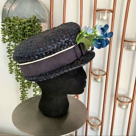 Vintage Blue Straw Hat Floral Accent Union Made main image 7